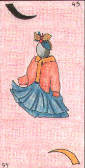 La carte de la jeune fille montre une jeunette en jupe bleue et veste rose